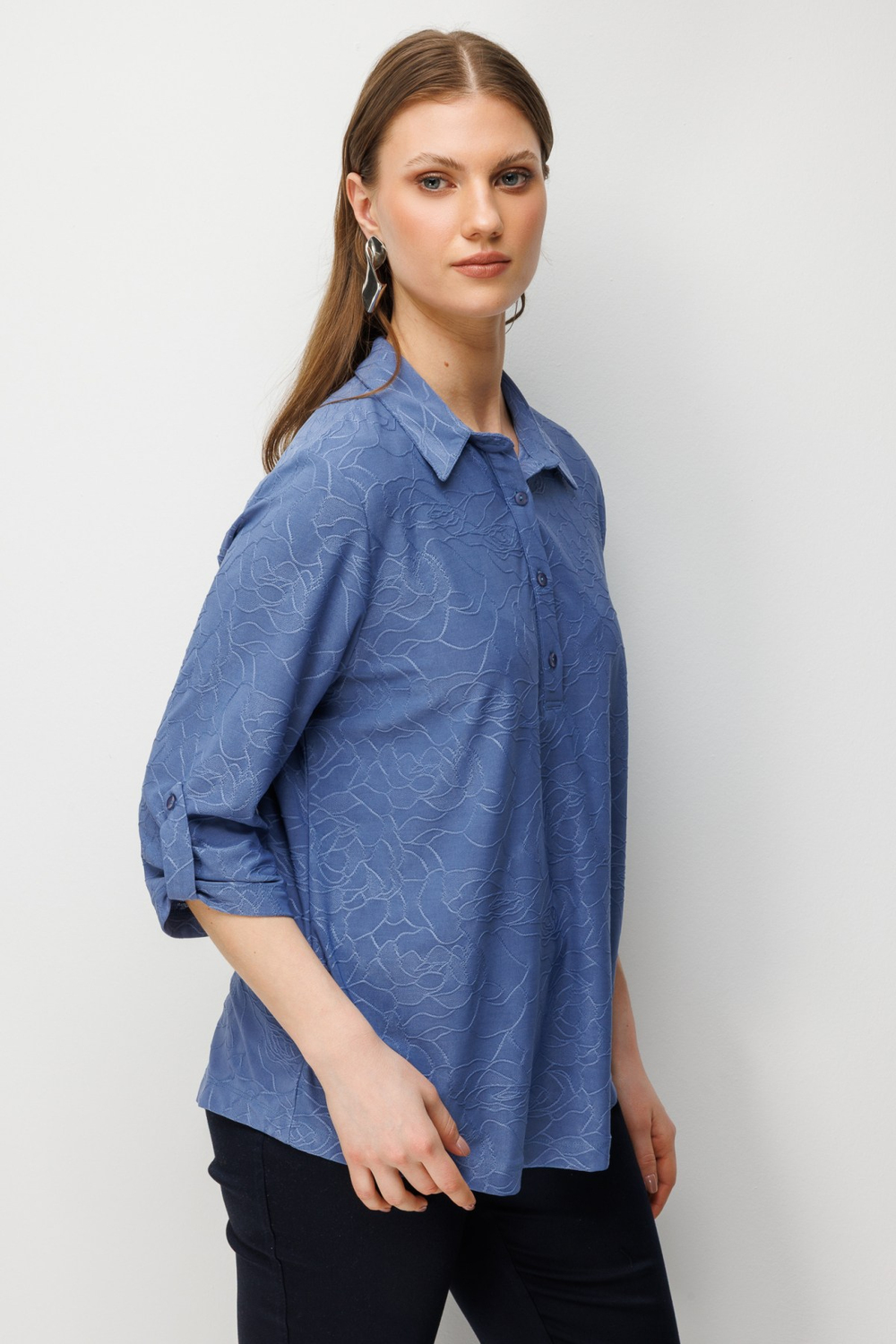 On Yarım Kollu İşlemeli Bluz INDIGO