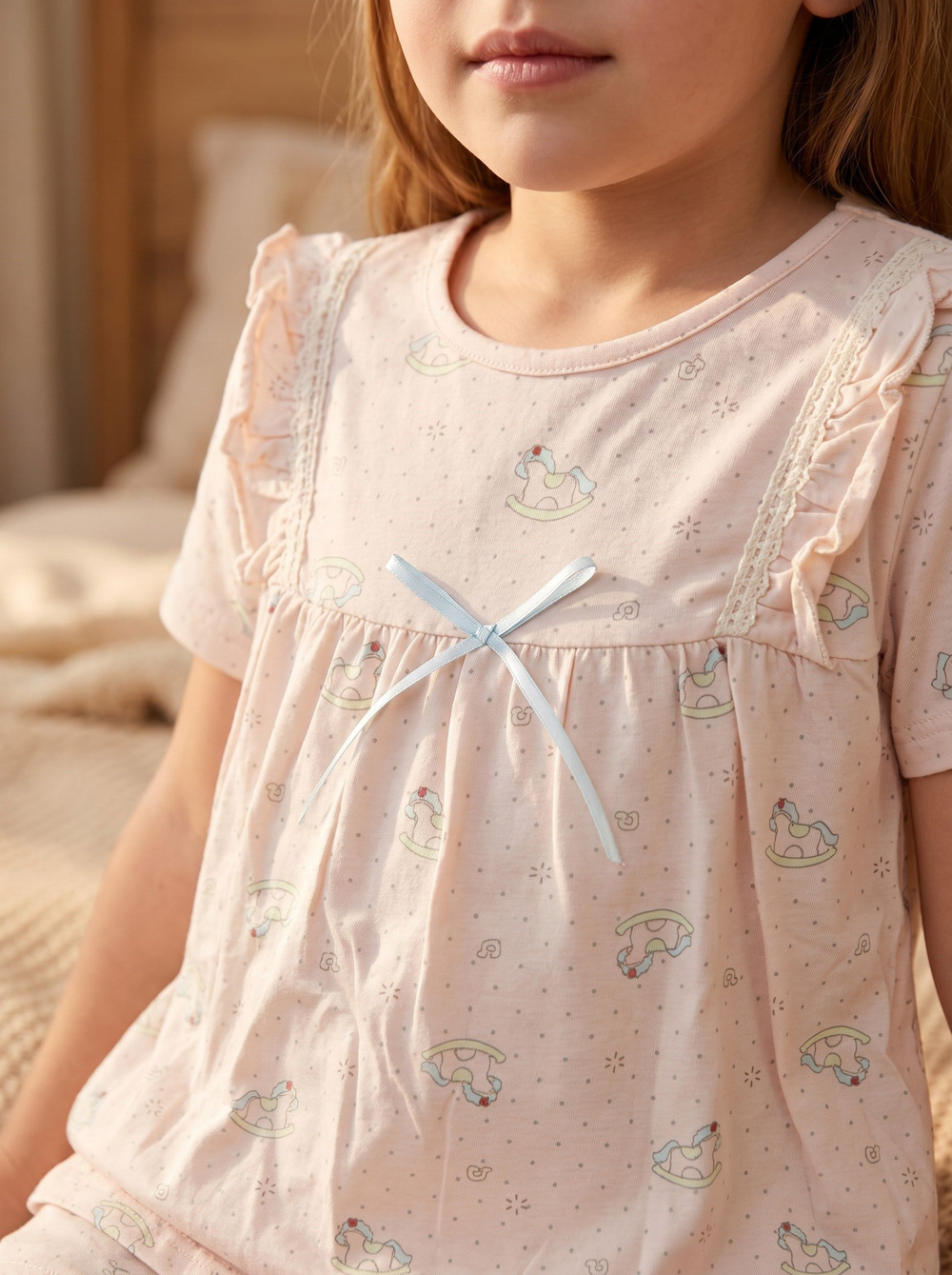 Kız Çocuk Fiyonk ve Fırfır Detaylı Pijama Takımı