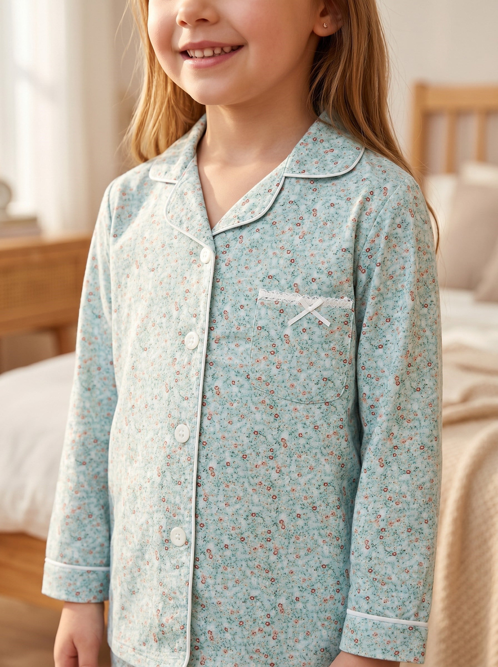 Kız Çocuk Düğme Detaylı Çiçekli Pijama Takımı