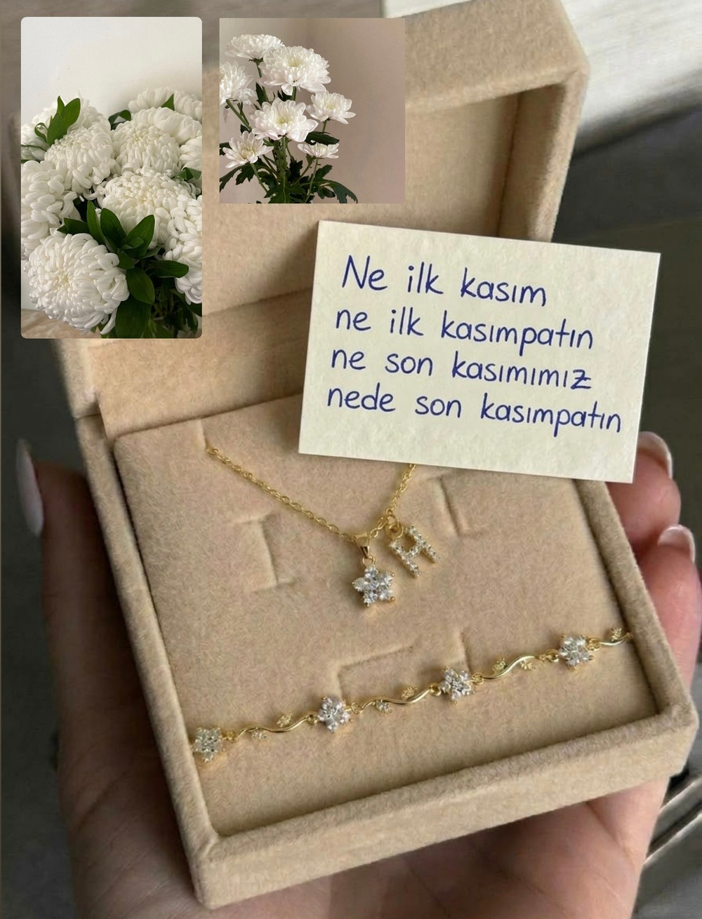 Beyaz kasımpatı kolye ve bileklik seti 