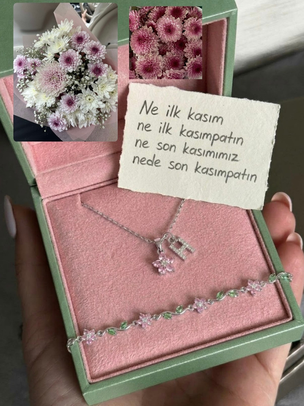 Gümüş renk pembe kasımpatı kolye ve bileklik set