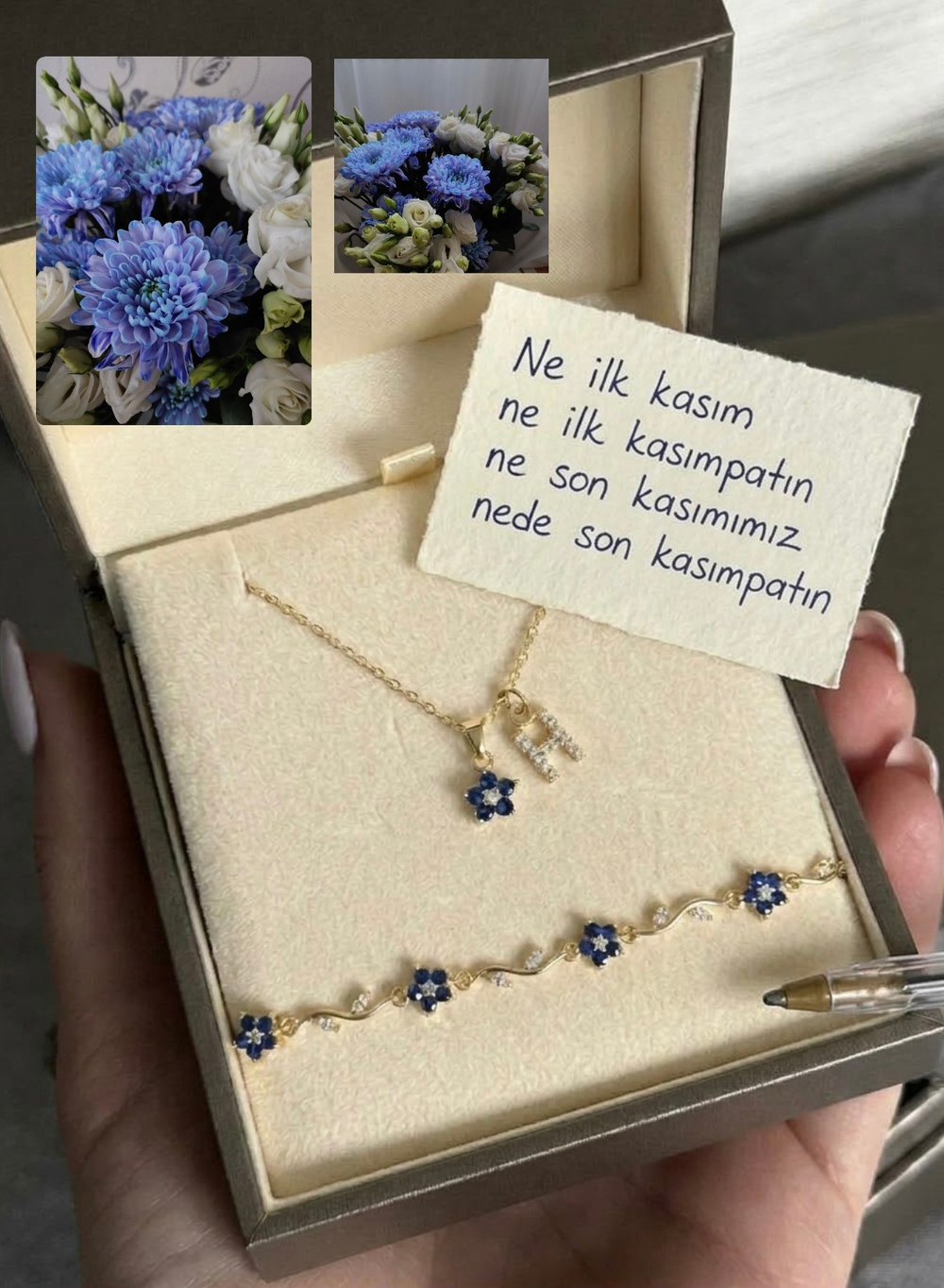 Mavi kasımpatı kolye ve bileklik seti