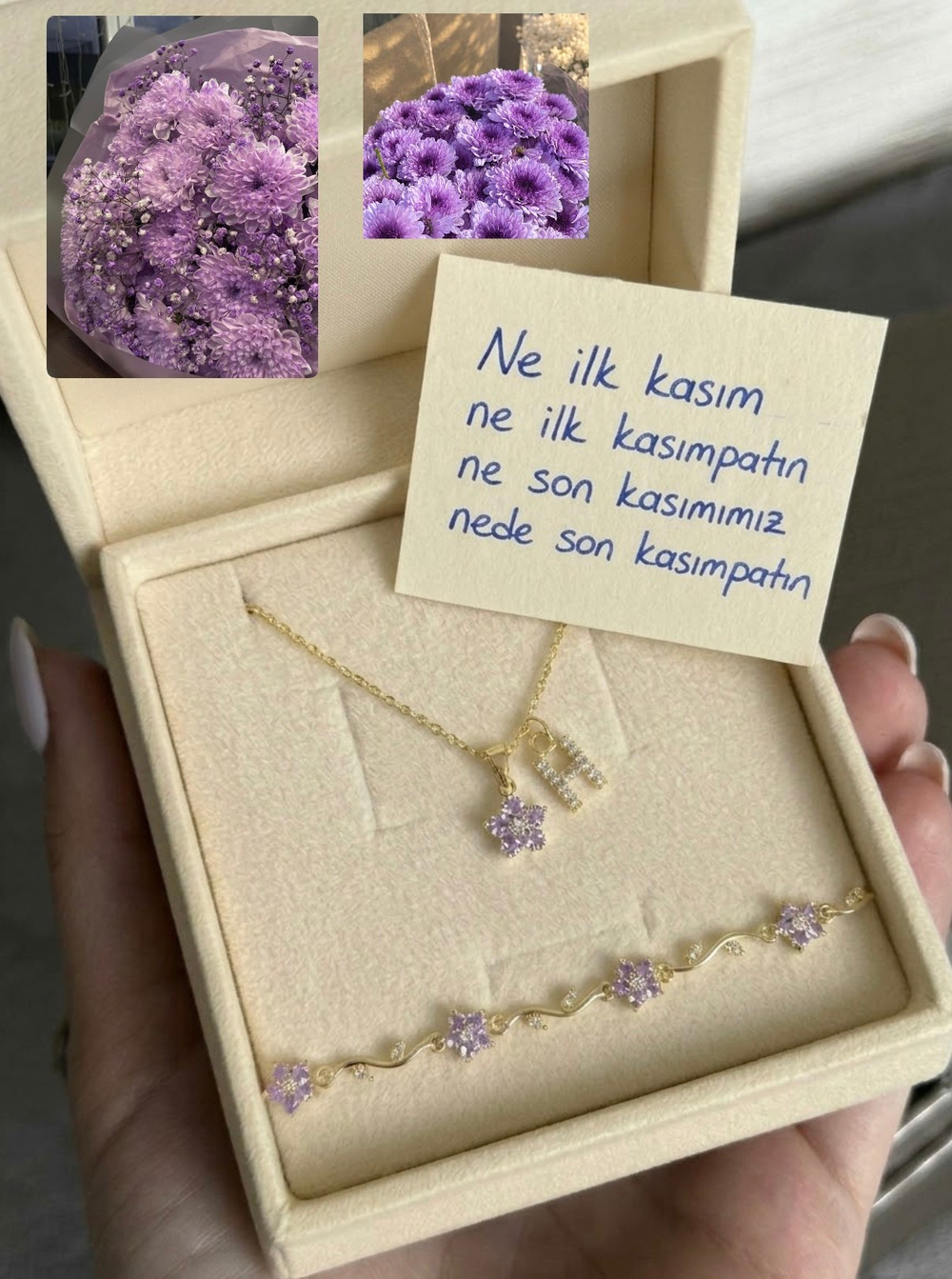 Mor kasımpatı kolye ve bileklik seti
