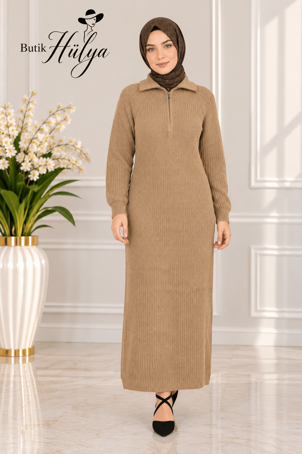 26133 Triko Elbise Taba