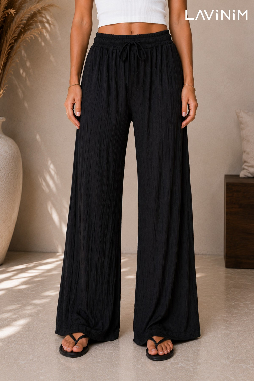 Kadın Krinkle Fırfır Dokulu Yazlık Oversize Bol Paça Rahat Kesim Pantolon