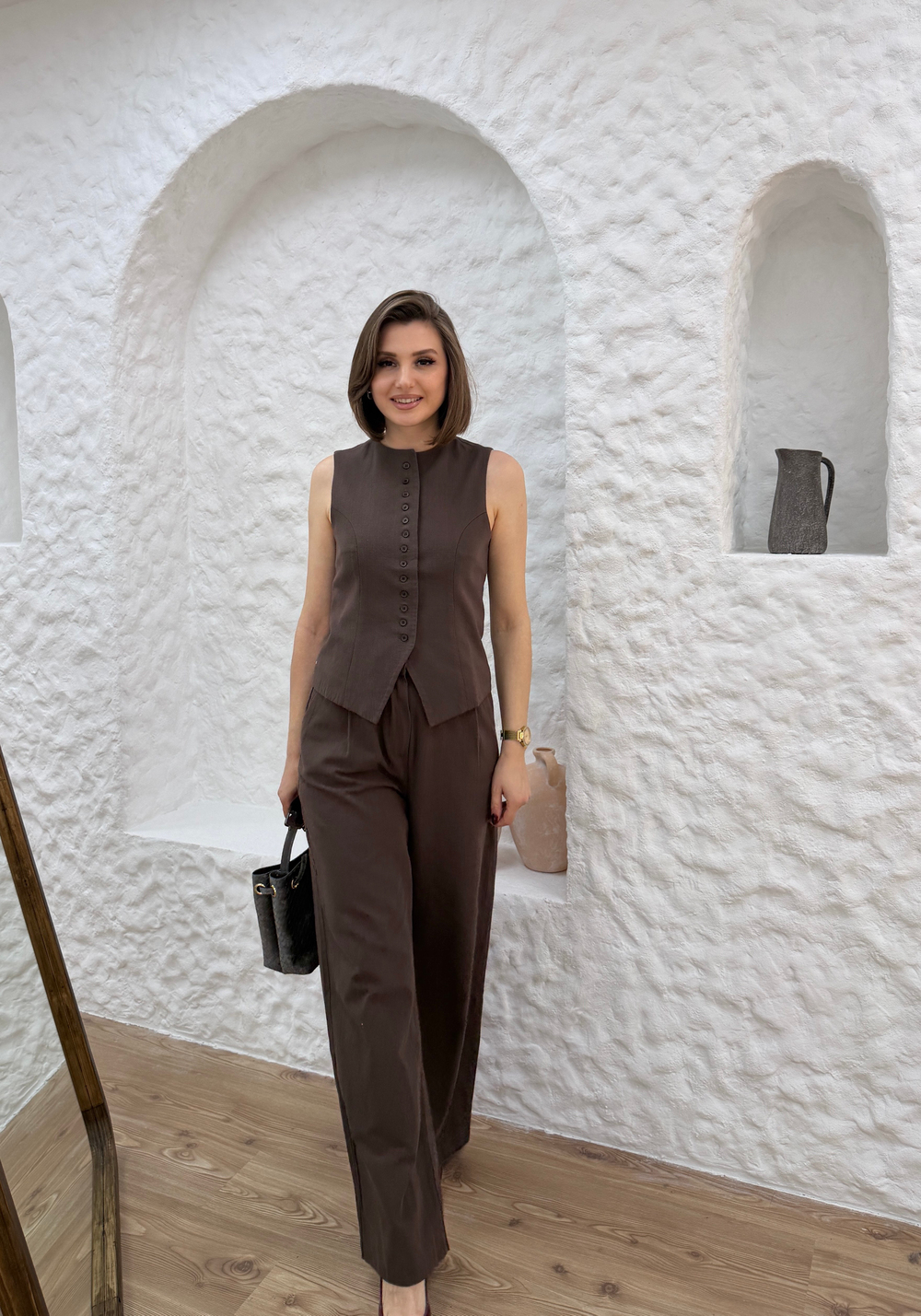 DÜĞME DETAYLI KETEN TAKIM