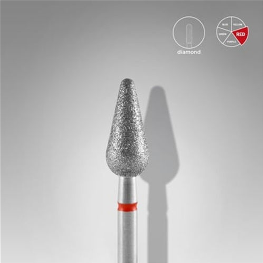 Elmas Yuvarlanmış Armut Freze, Kırmızı, Çap 5 mm, Çalışma Kısmı 12 mm