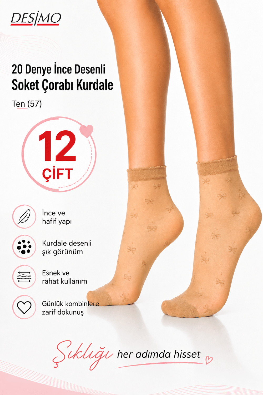 20 Denye Kadın İnce Mat Desenli Soket Çorabı Kurdale - 12 çift - Ten (57)