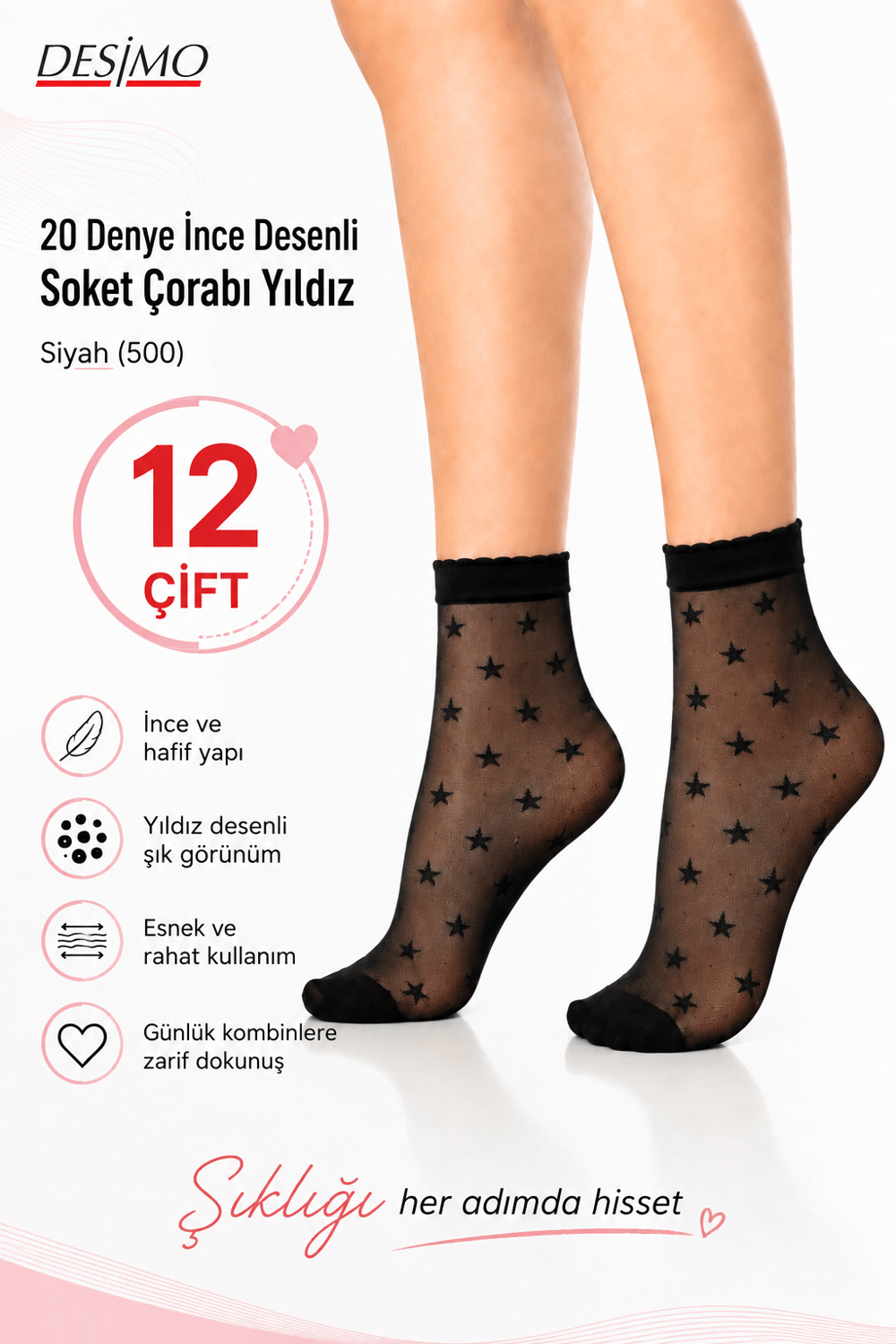 20 Denye Kadın İnce Mat Desenli Soket Çorabı Yıldız - 12 çift - Siyah (500)