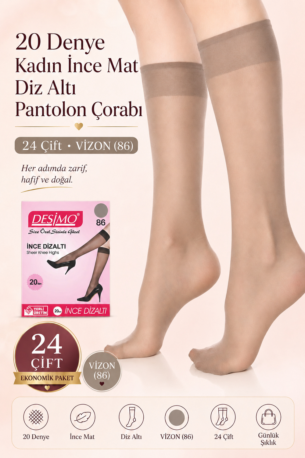 20 Denye Kadın İnce Mat Diz Altı Pantolon Çorabı – 24 Çift - Vizon (86)