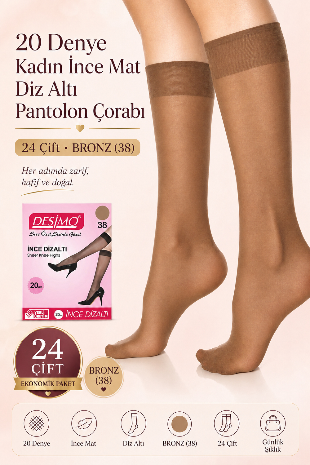 20 Denye Kadın İnce Mat Diz Altı Pantolon Çorabı – 24 Çift - Bronz (38)