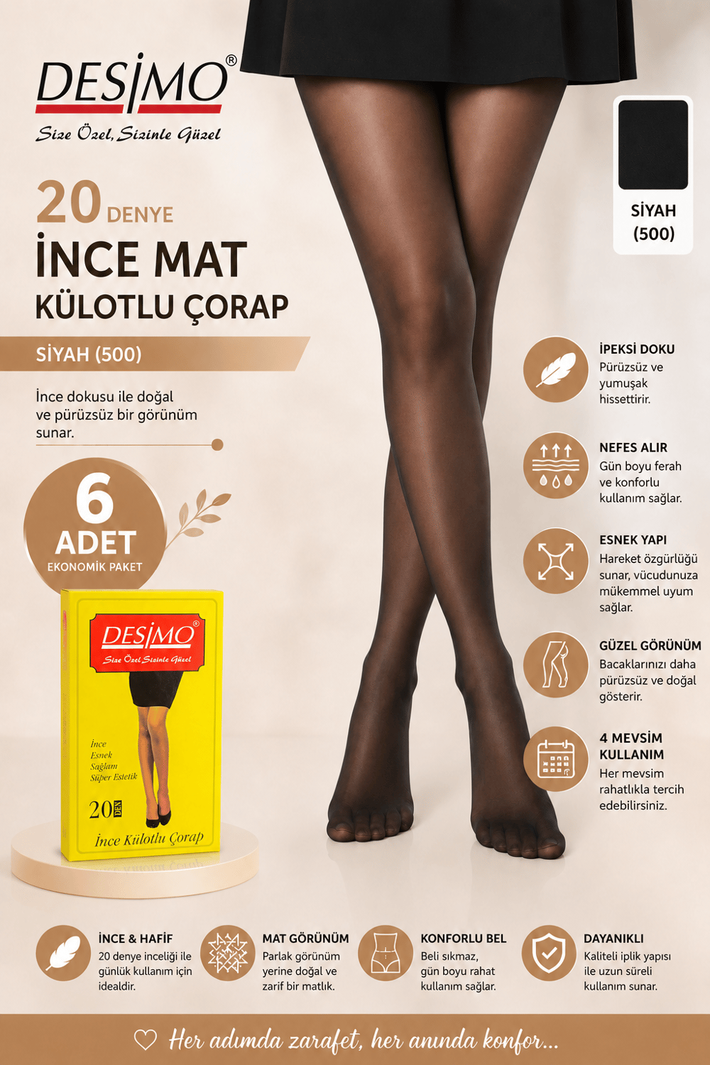 20 Denye Kadın İnce Mat Külotlu Çorap – 6 Adet - SİYAH (500)