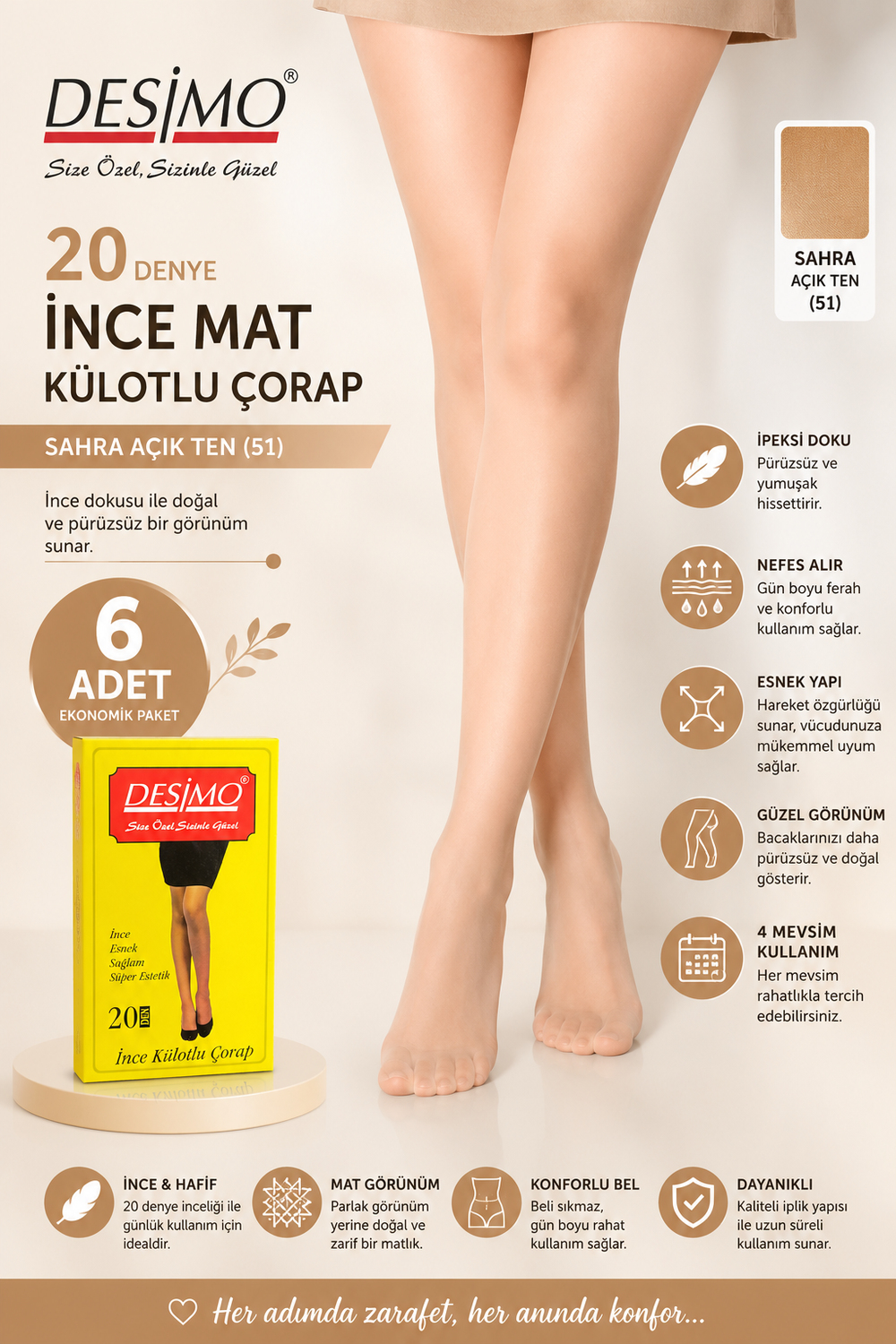 20 Denye Kadın İnce Mat Külotlu Çorap – 6 Adet - SAHRA TEN (51)