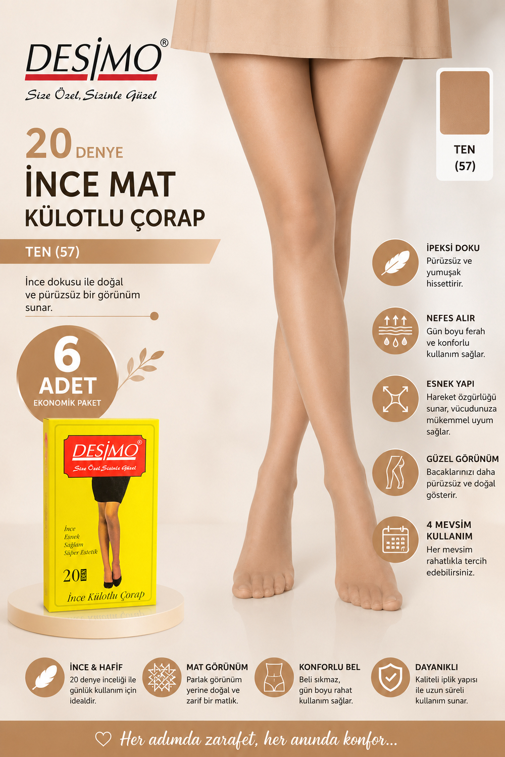 20 Denye Kadın İnce Mat Külotlu Çorap – 6 Adet - TEN (57)