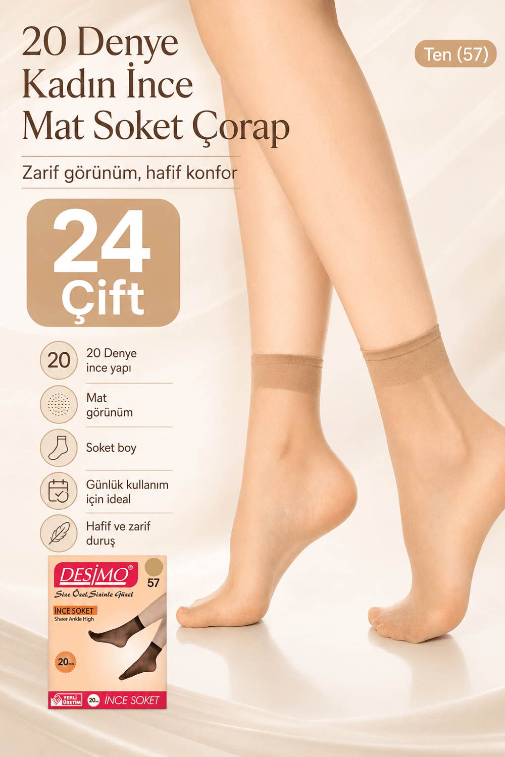 20 Denye Kadın İnce Mat Soket Çorap – 24 Çift - Ten (57)