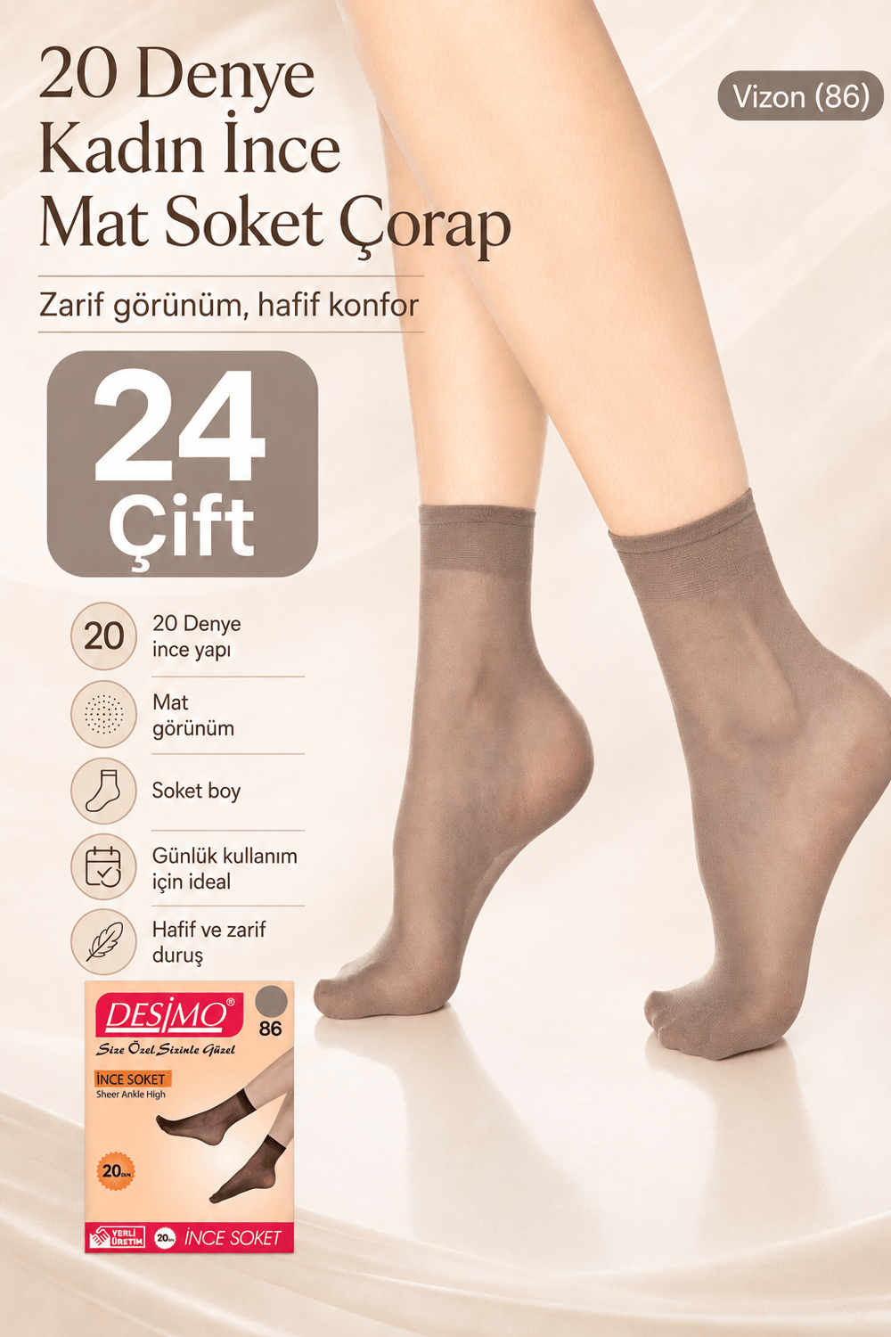 20 Denye Kadın İnce Mat Soket Çorap – 24 Çift - Vizon (86)