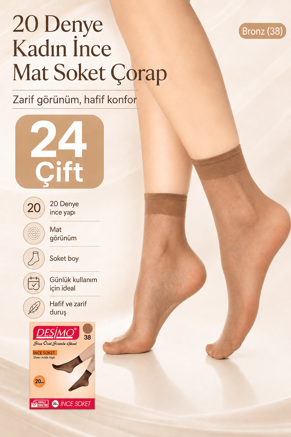 20 Denye Kadın İnce Mat Soket Çorap – 24 Çift - Bronz (38)