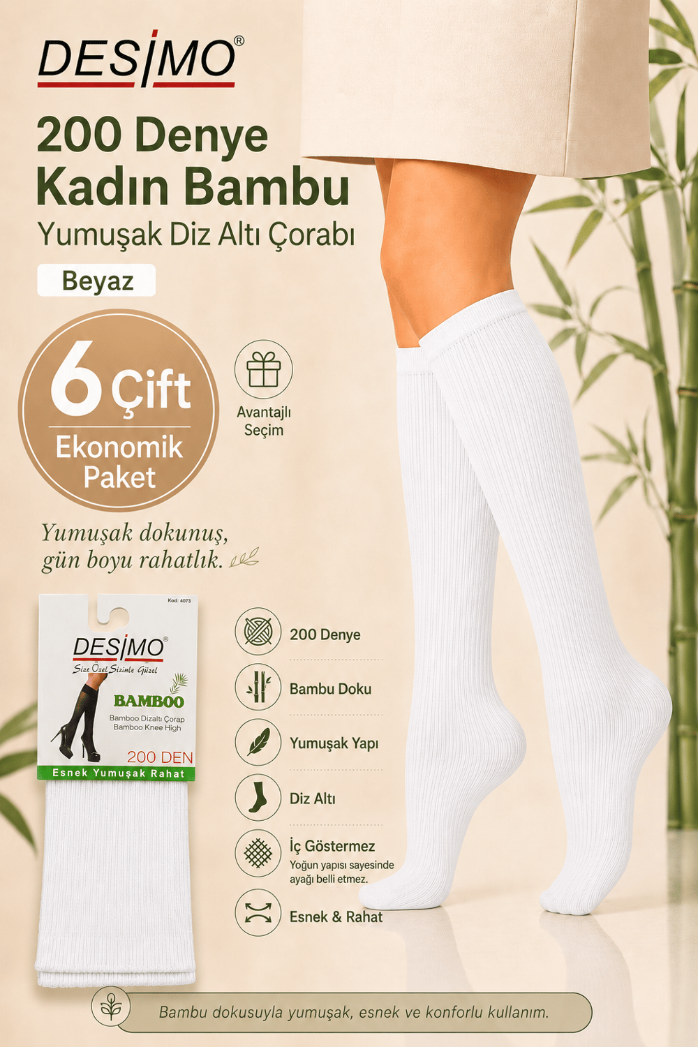 200 Denye Kadın Bambu Yumuşak Diz Altı Çorabı – 6 Çift - Beyaz (10)