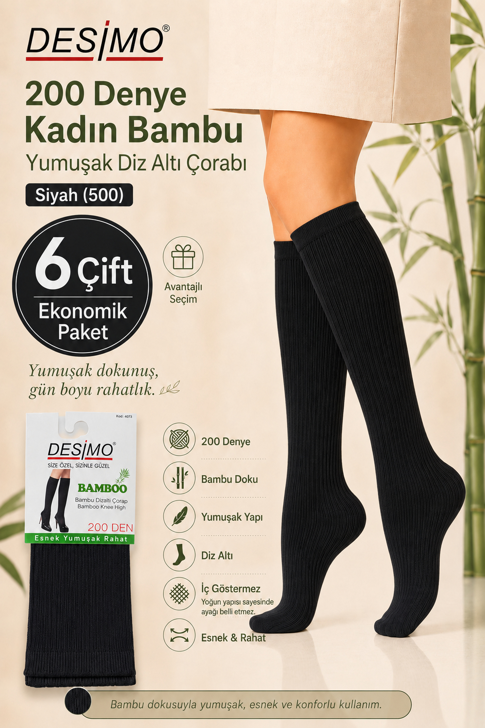 200 Denye Kadın Bambu Yumuşak Diz Altı Çorabı – 6 Çift - Siyah (500)