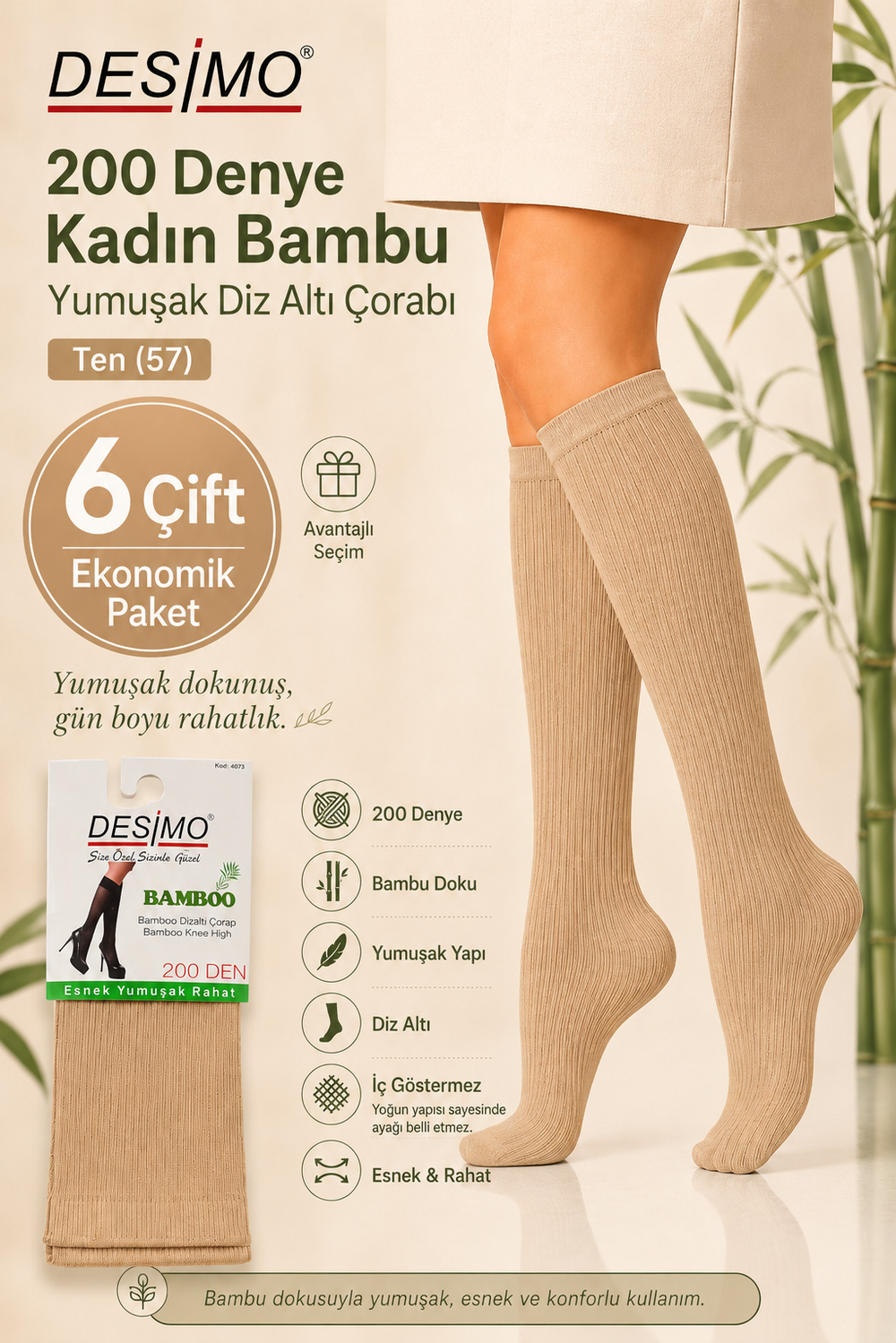 200 Denye Kadın Bambu Yumuşak Diz Altı Çorabı – 6 Çift - Ten (57)