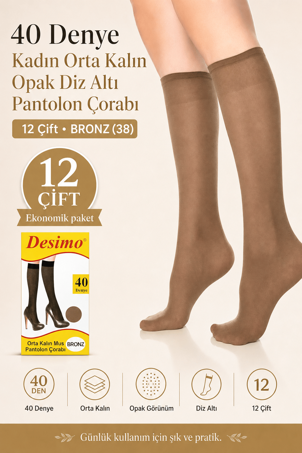 40 Denye Kadın Orta Kalın Opak Diz Altı Pantolon Çorabı – 12 Çift - Bronz (38)