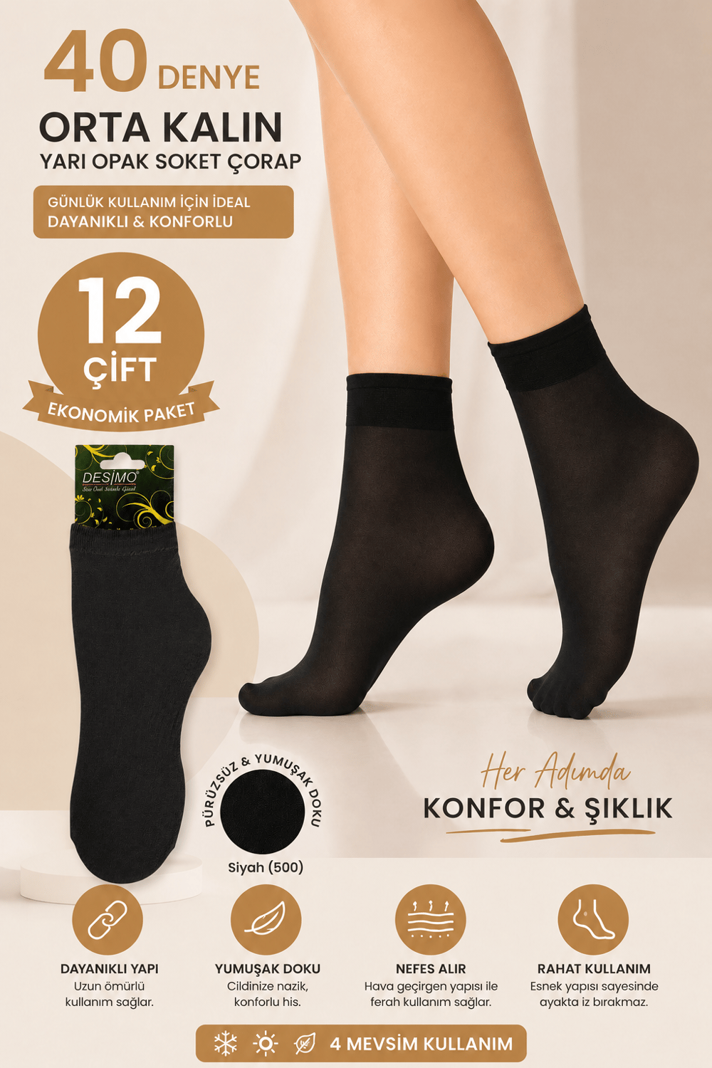 40 Denye Kadın Orta Kalın Yarı Opak Soket Çorap – 12 Çift - Siyah (500)