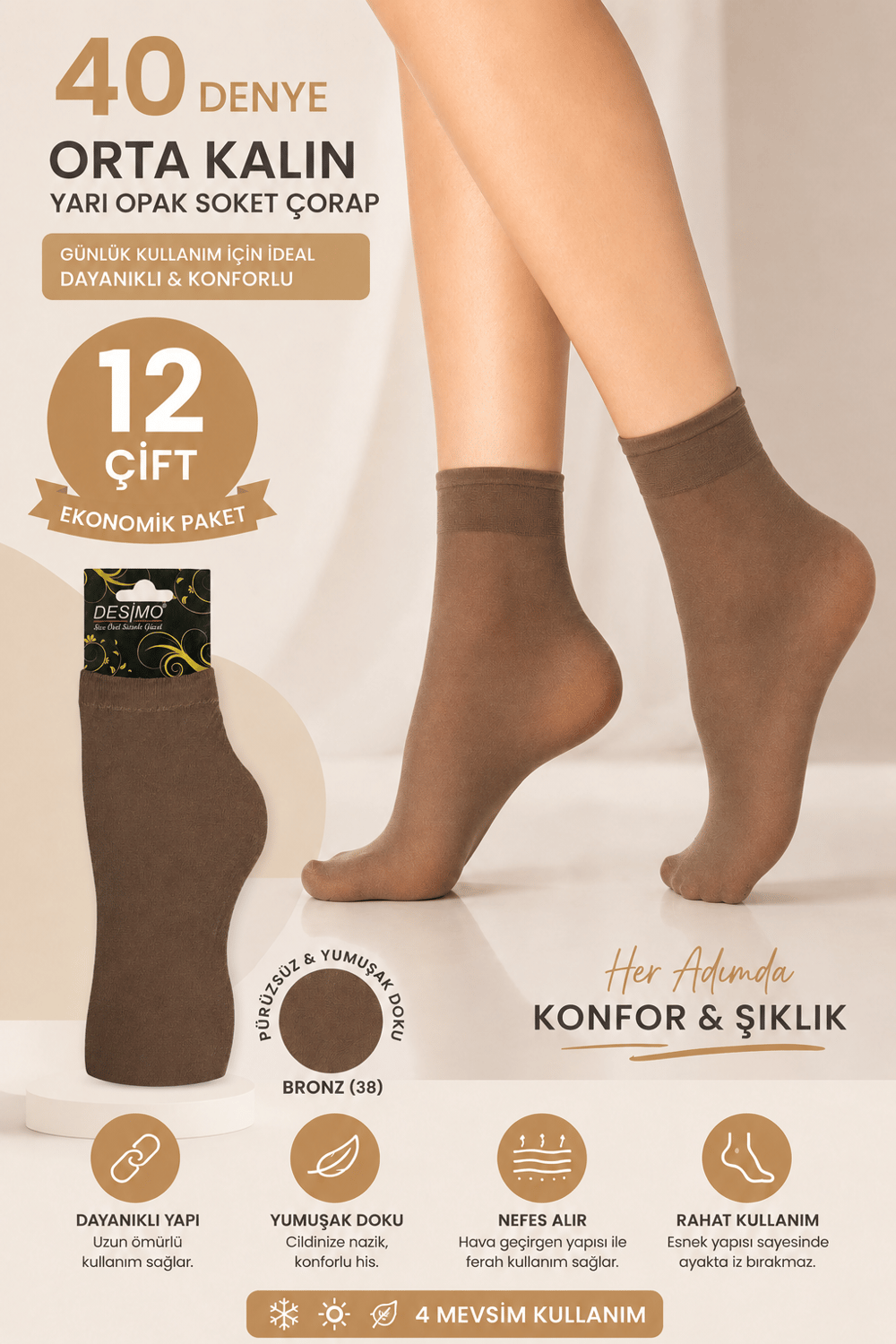 40 Denye Kadın Orta Kalın Yarı Opak Soket Çorap – 12 Çift - Bronz (38)