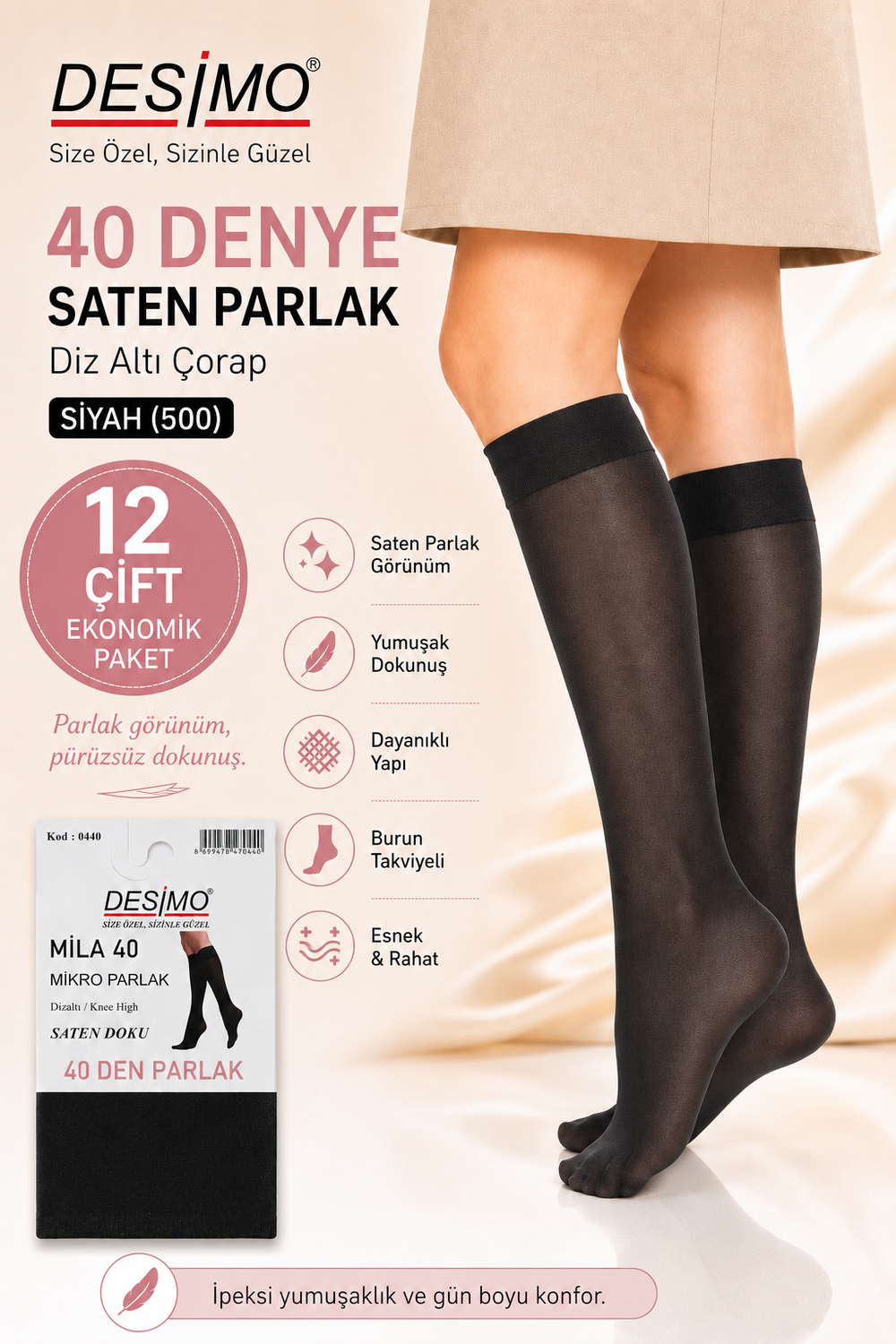 40 Denye Kadın Saten Parlak Diz Altı Pantolon Çorabı – 12 Çift -Siyah (500)