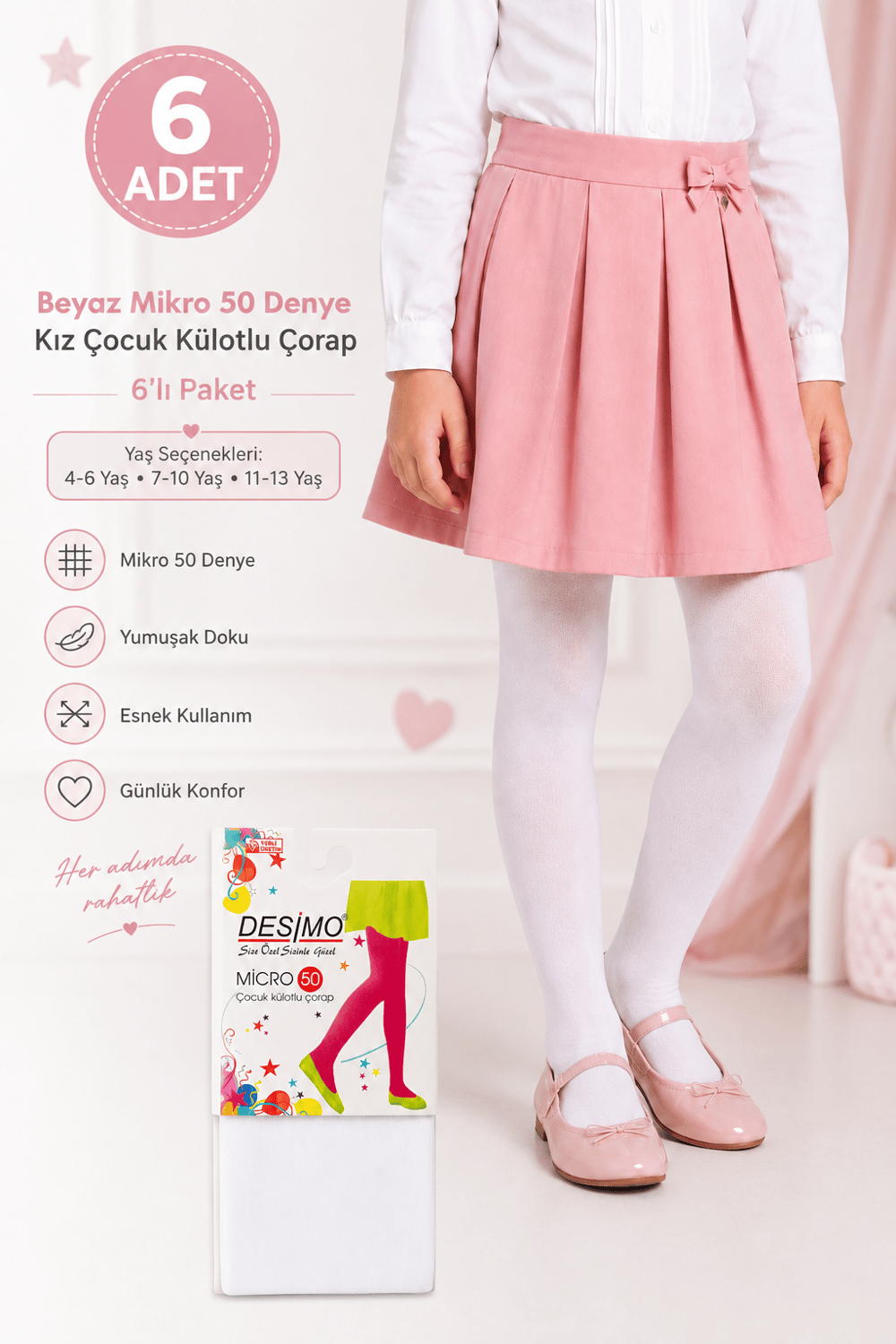 6lı Paket Beyaz Mikro 50 Denye Kız Çocuk Külotlu Çorap