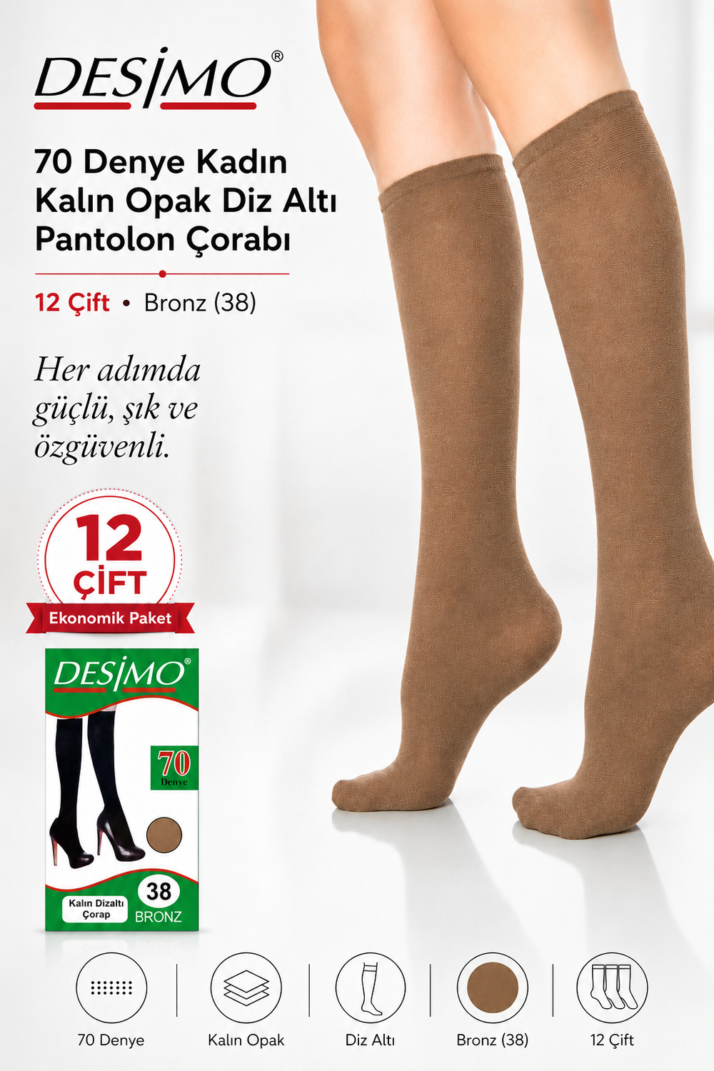 70 Denye Kadın Kalın Opak Diz Altı Pantolon Çorabı – 12 Çift - Bronz (38)