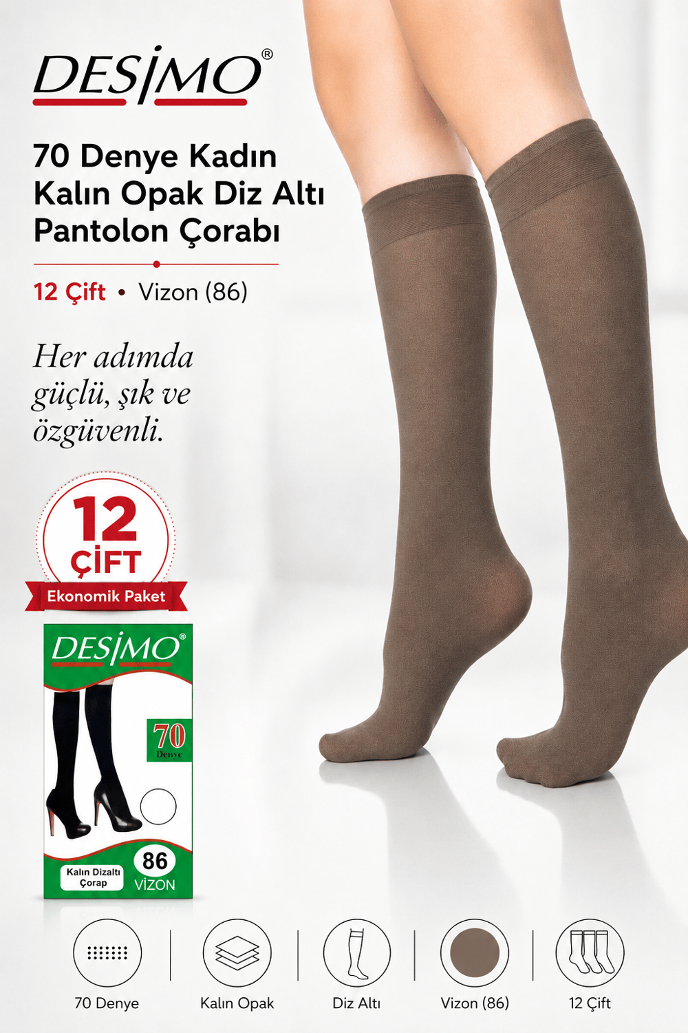 70 Denye Kadın Kalın Opak Diz Altı Pantolon Çorabı – 12 Çift - Vizon (86)