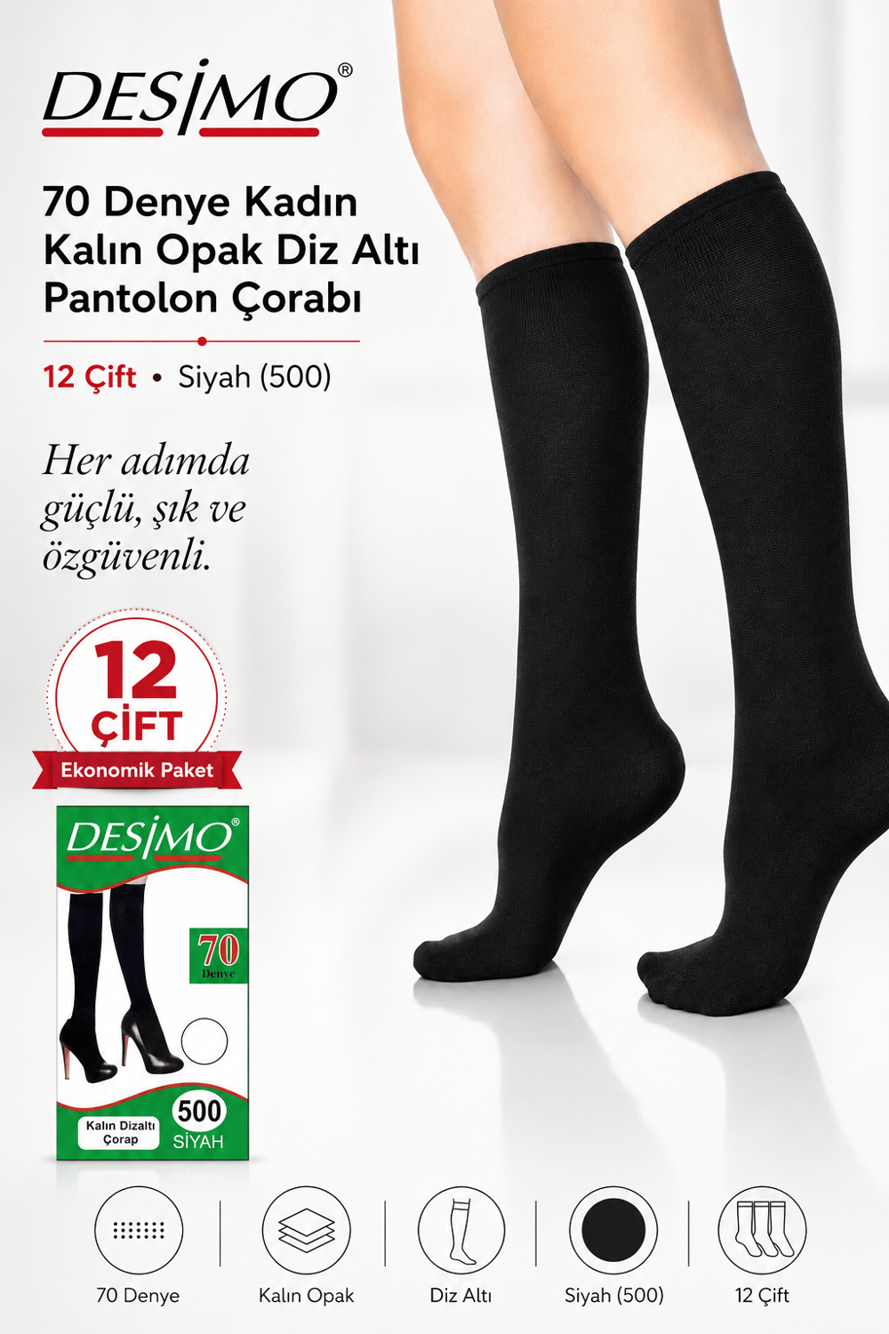 70 Denye Kadın Kalın Opak Diz Altı Pantolon Çorabı – 12 Çift - Siyah (500)