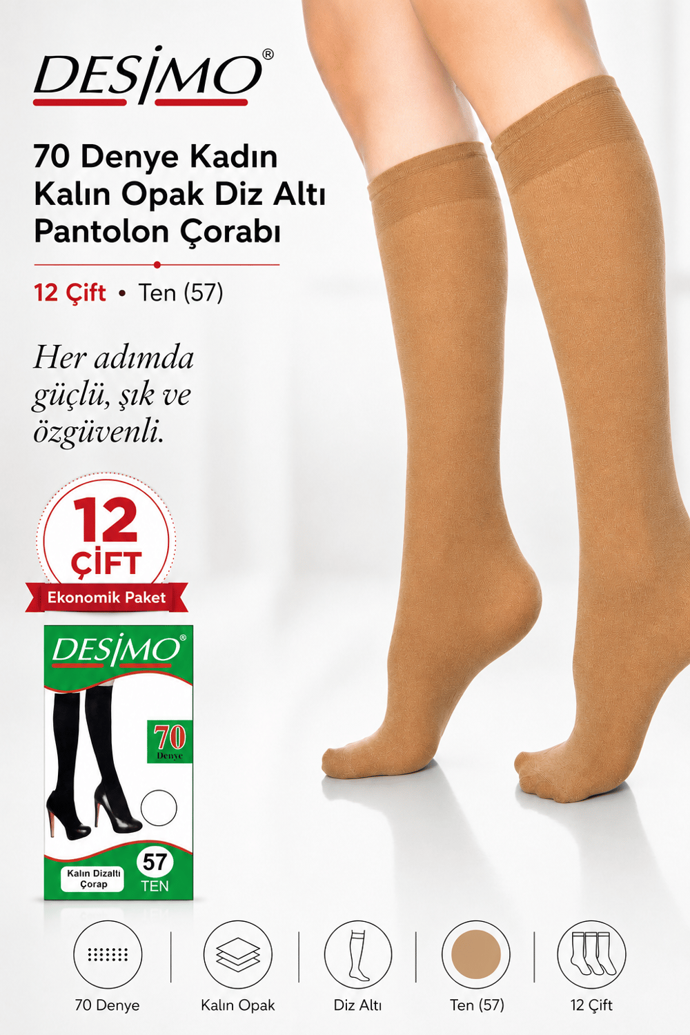 70 Denye Kadın Kalın Opak Diz Altı Pantolon Çorabı – 12 Çift - Ten (57)