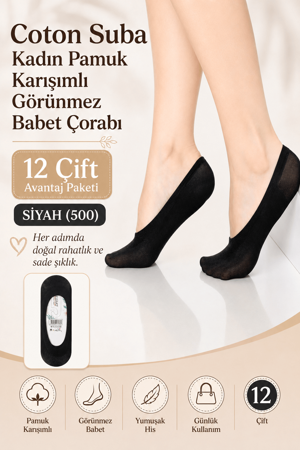 Coton Suba Kadın Pamuk Karışımlı Görünmez Babet Çorabı – 12 Çift - Siyah (500)