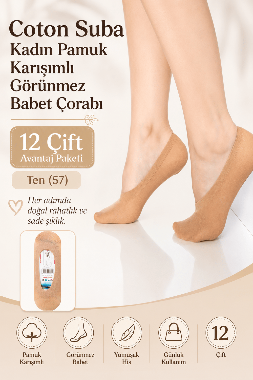 Coton Suba Kadın Pamuk Karışımlı Görünmez Babet Çorabı – 12 Çift - Ten (57)