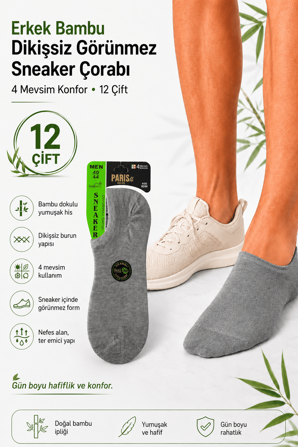 Erkek Bambu Dikişsiz 4 Mevsim Görünmez Sneaker Çorabı – 12 Çift - GRİ