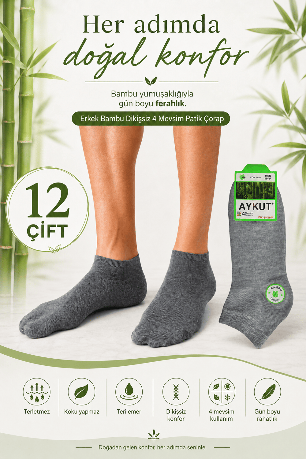 Erkek Bambu Dikişsiz 4 Mevsim Patik Çorap – 12 Çift - GRİ
