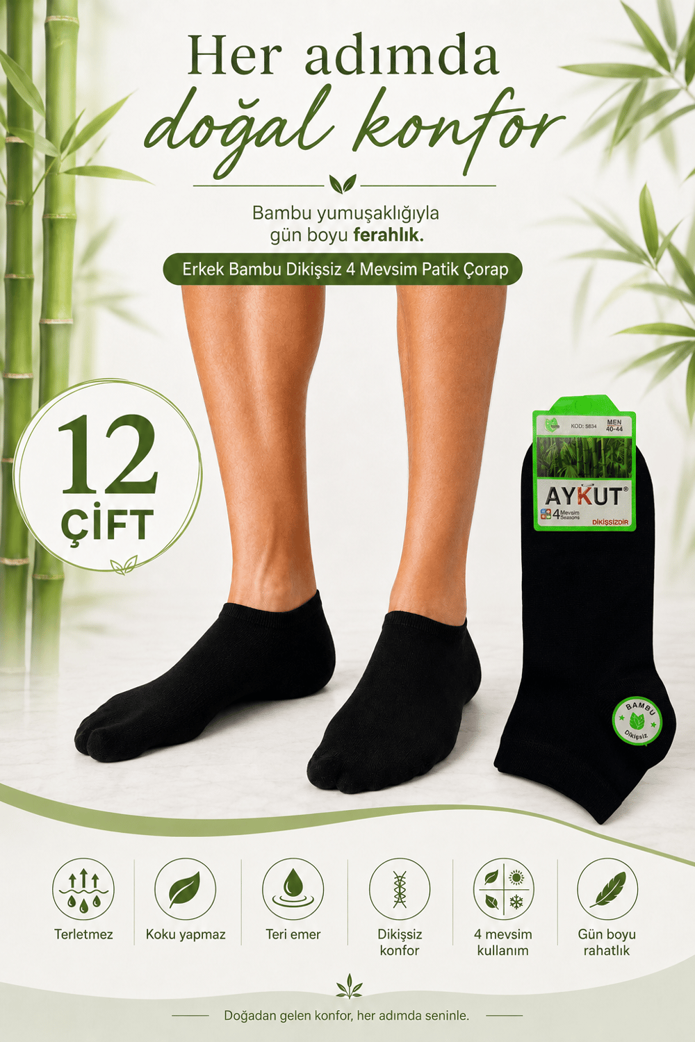 Erkek Bambu Dikişsiz 4 Mevsim Patik Çorap – 12 Çift - SİYAH