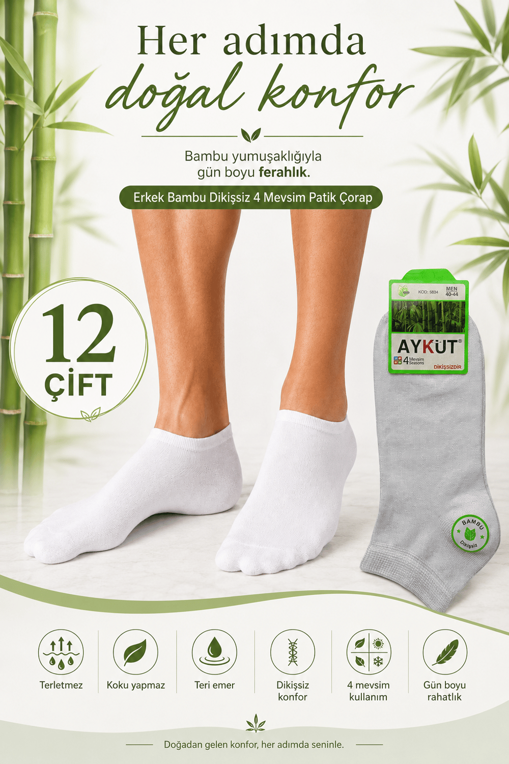 Erkek Bambu Dikişsiz 4 Mevsim Patik Çorap – 12 Çift - BEYAZ
