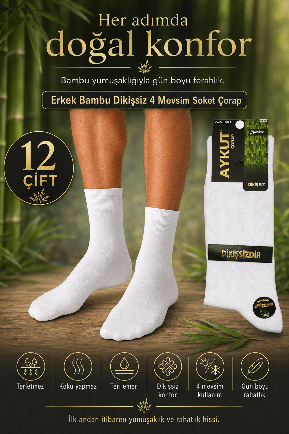 Erkek Bambu Dikişsiz 4 Mevsim Soket Çorap – 12 Çift - BEYAZ