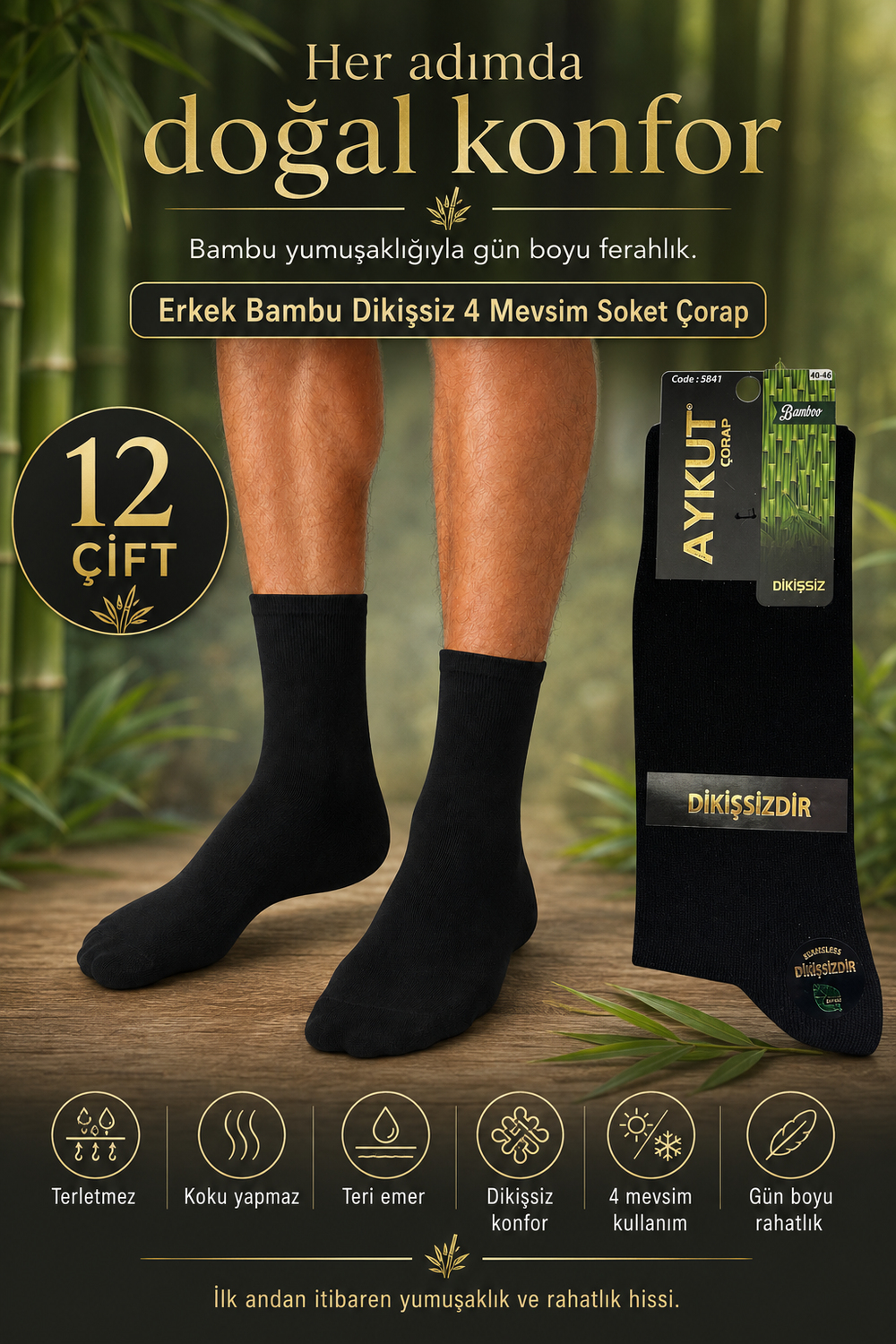 Erkek Bambu Dikişsiz 4 Mevsim Soket Çorap – 12 Çift - SİYAH