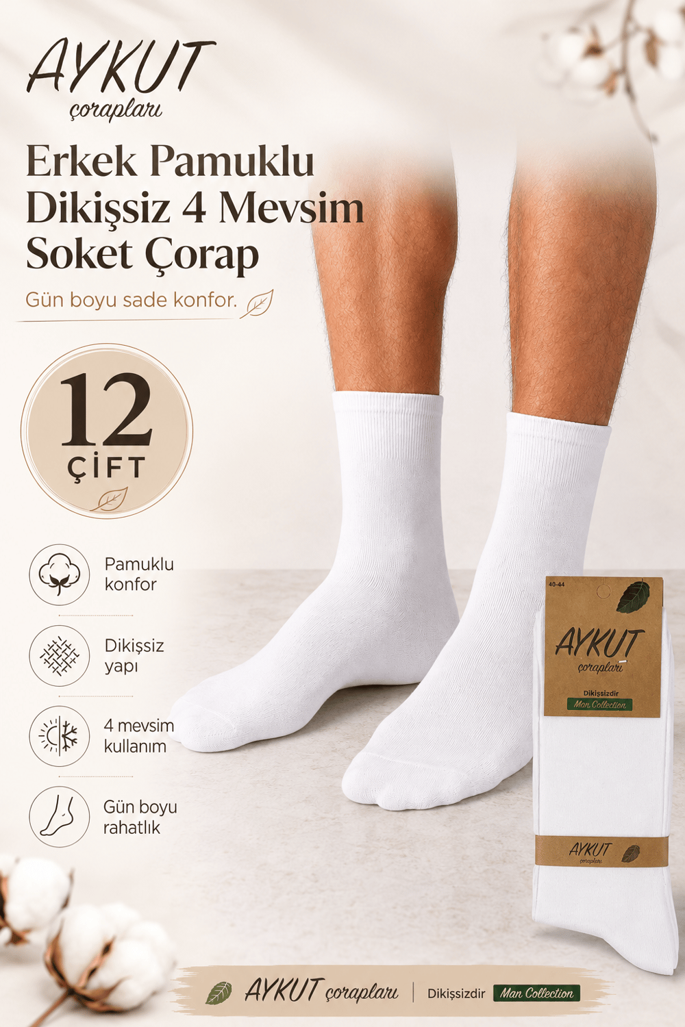 Erkek Pamuklu Dikişsiz 4 Mevsim Soket Çorap – 12 Çift - BEYAZ