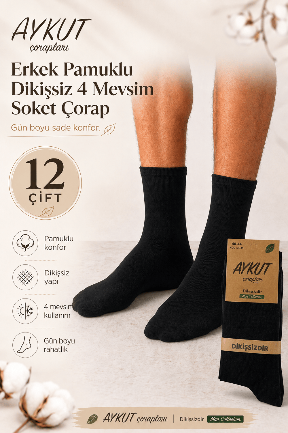 Erkek Pamuklu Dikişsiz 4 Mevsim Soket Çorap – 12 Çift - SİYAH