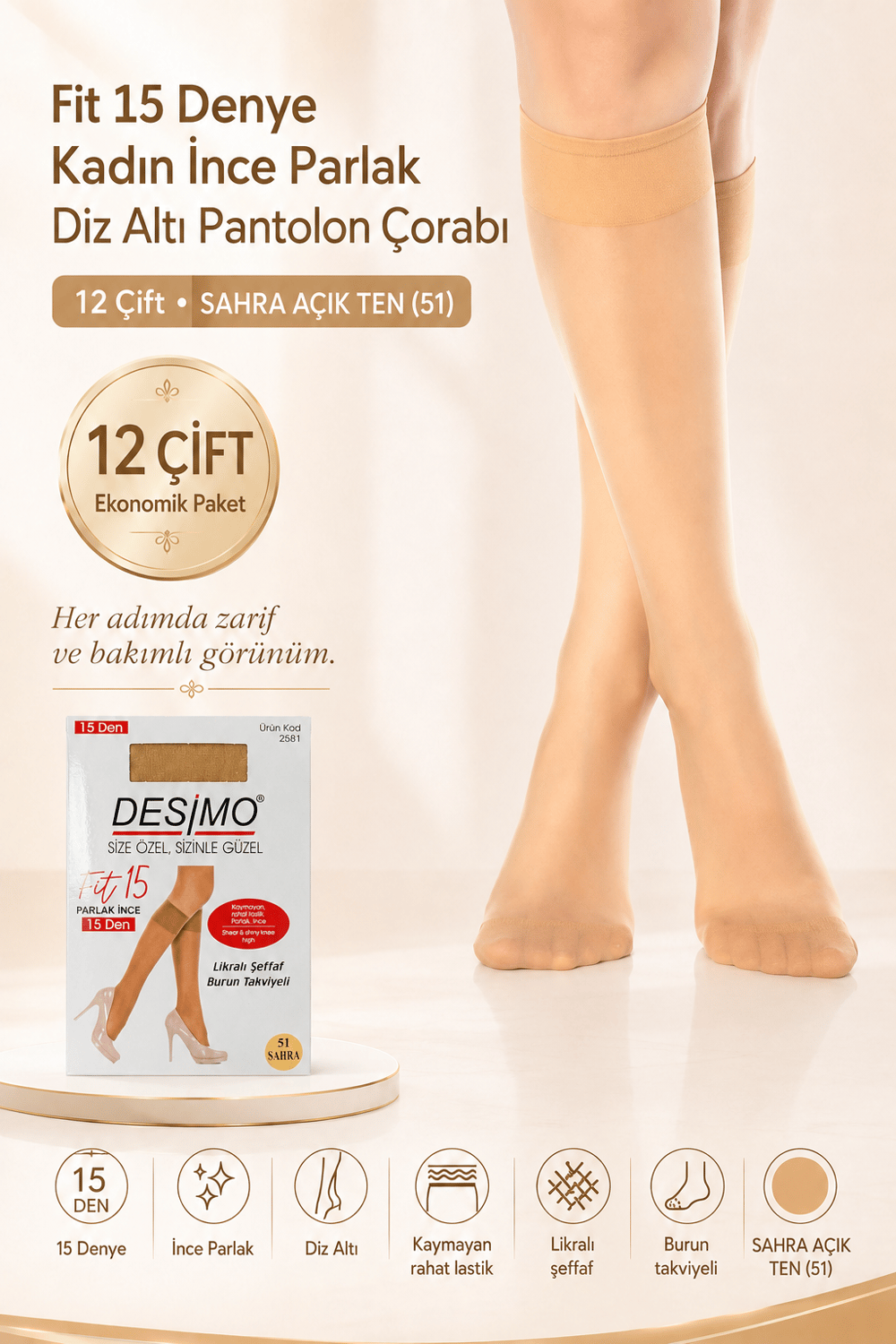 Fit 15 Denye Kadın İnce Parlak Diz Altı Pantolon Çorabı 12 Çift – Sahra Ten (51)
