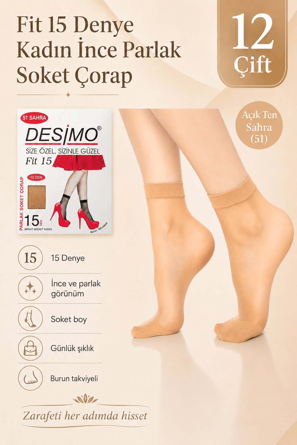 Fit 15 Denye Kadın İnce Parlak Soket Çorap – 12 Çift - Sahra Ten (51)