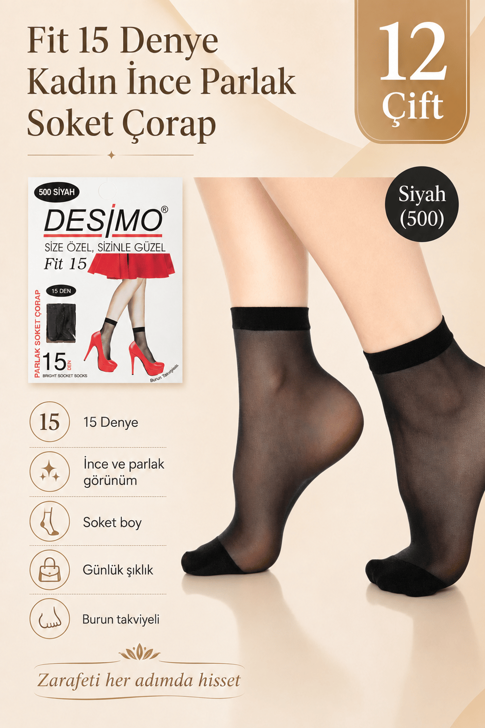 Fit 15 Denye Kadın İnce Parlak Soket Çorap – 12 Çift - Siyah (500)