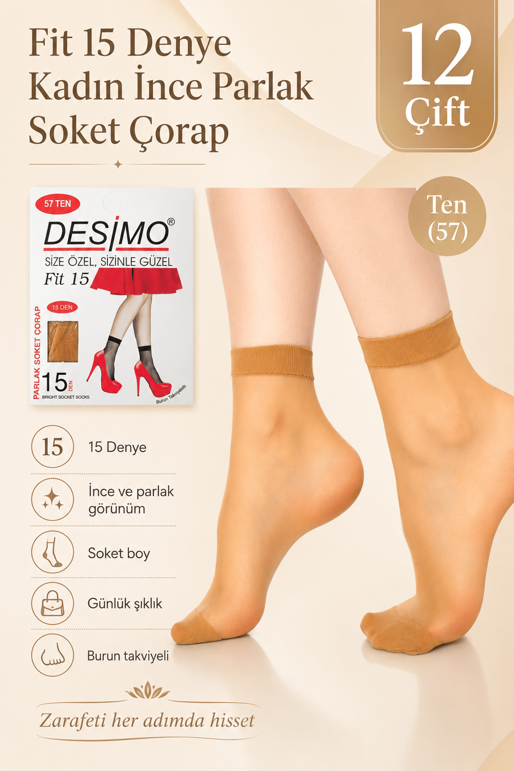 Fit 15 Denye Kadın İnce Parlak Soket Çorap – 12 Çift - Ten (57)