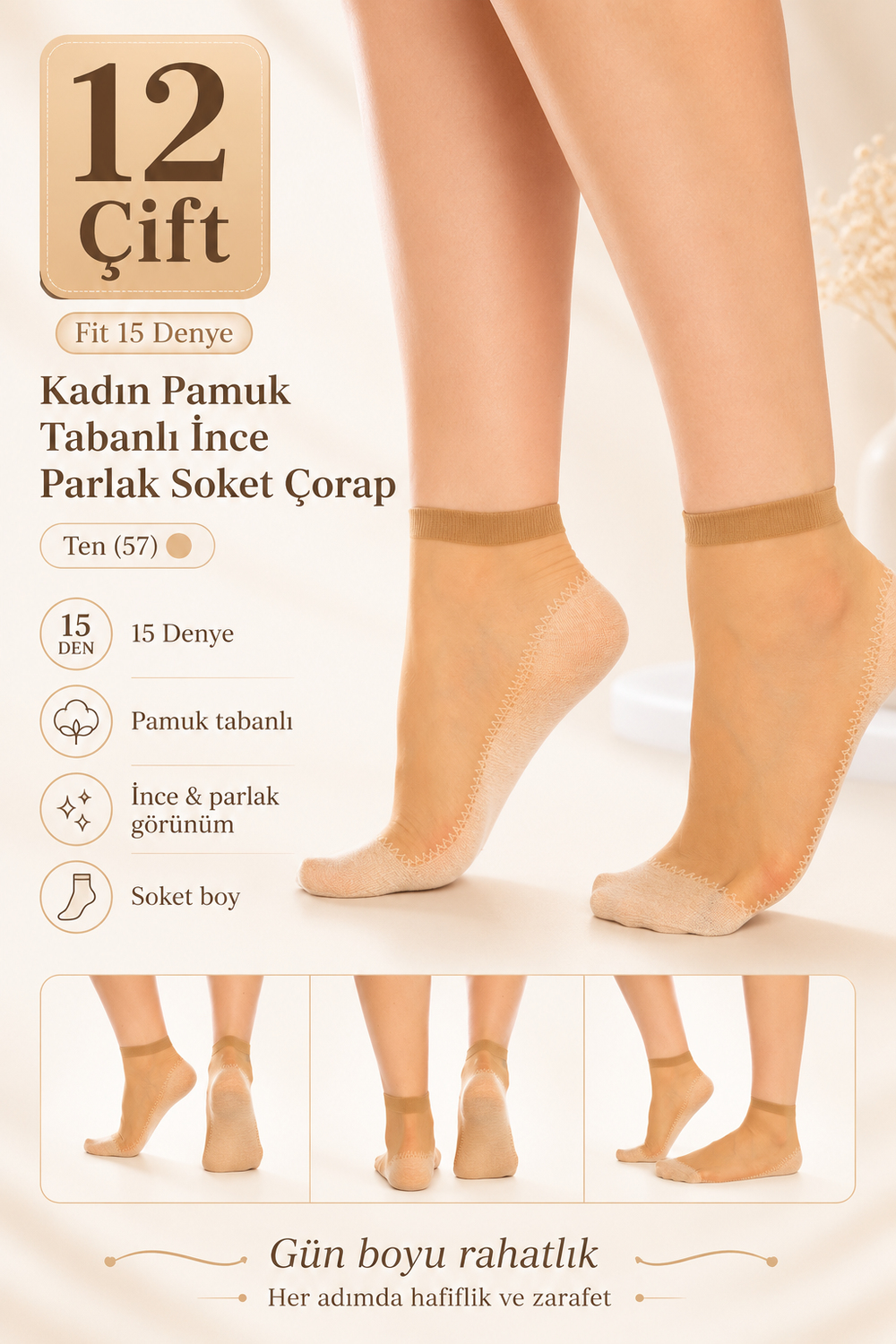 Fit 15 Denye Kadın Pamuk Tabanlı İnce Parlak Soket Çorap – 12 Çift - Ten (57)