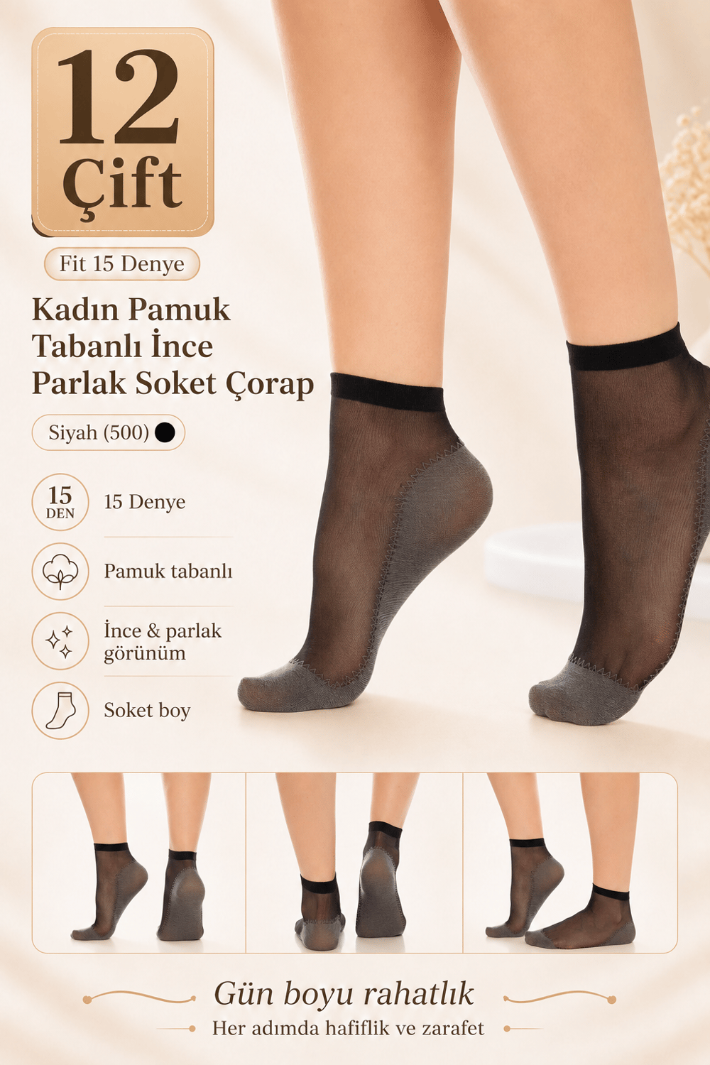 Fit 15 Denye Kadın Pamuk Tabanlı İnce Parlak Soket Çorap – 12 Çift - Siyah (500)