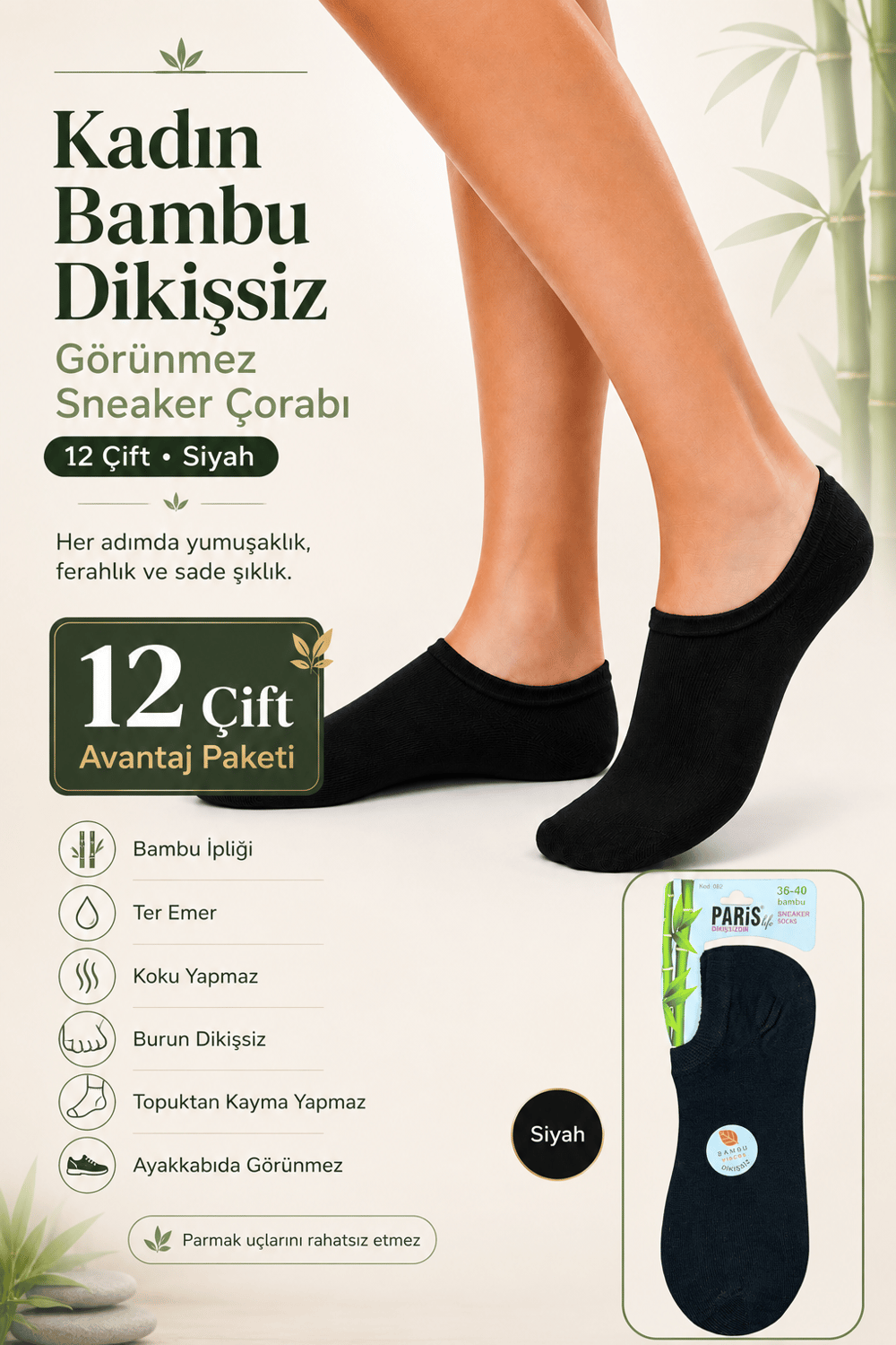 Kadın Bambu Dikişsiz Görünmez Sneaker Çorabı – 12 Çift - SİYAH 